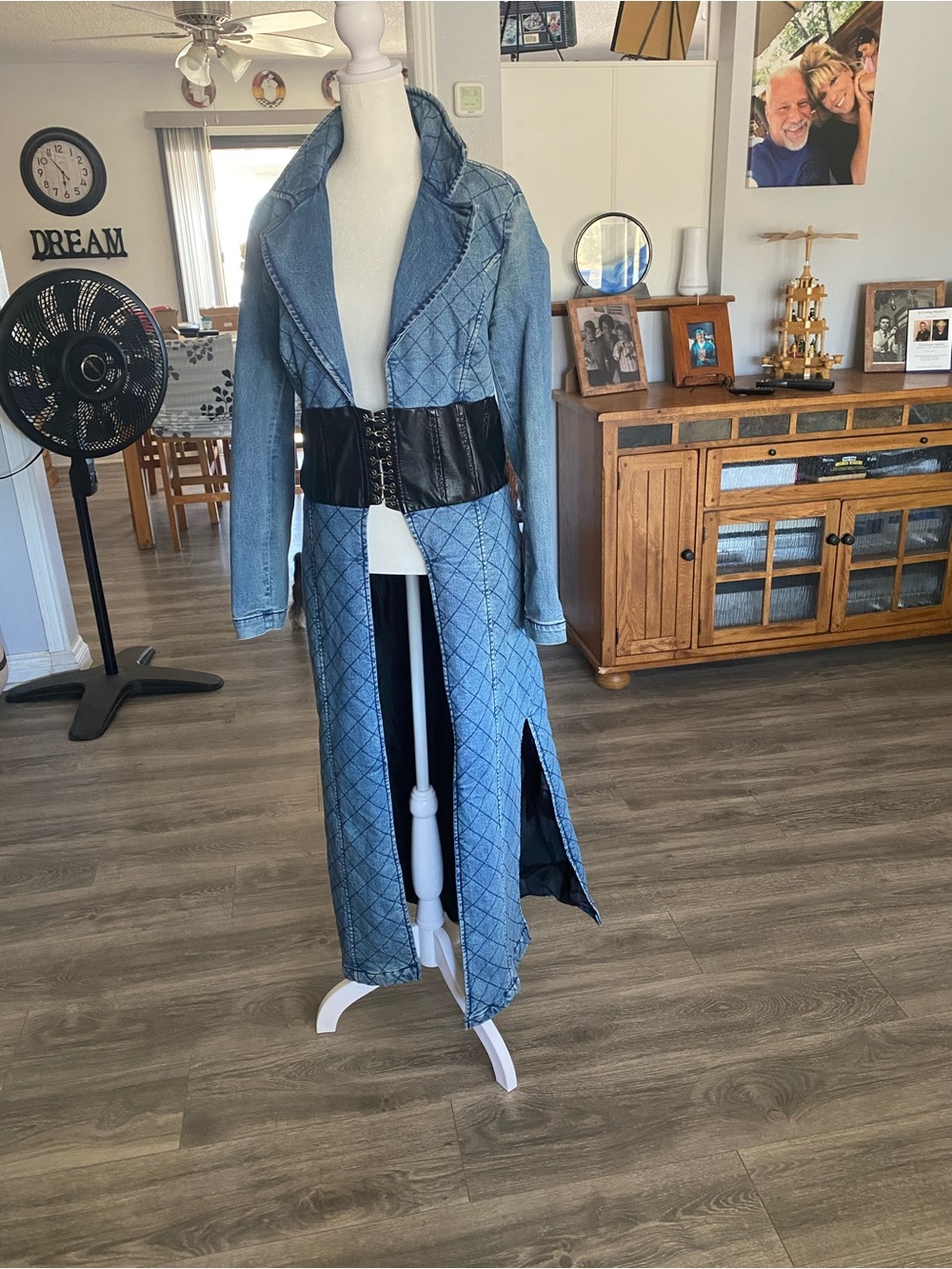 Quilted Light Blue Denim Trench with Black Waist Corset